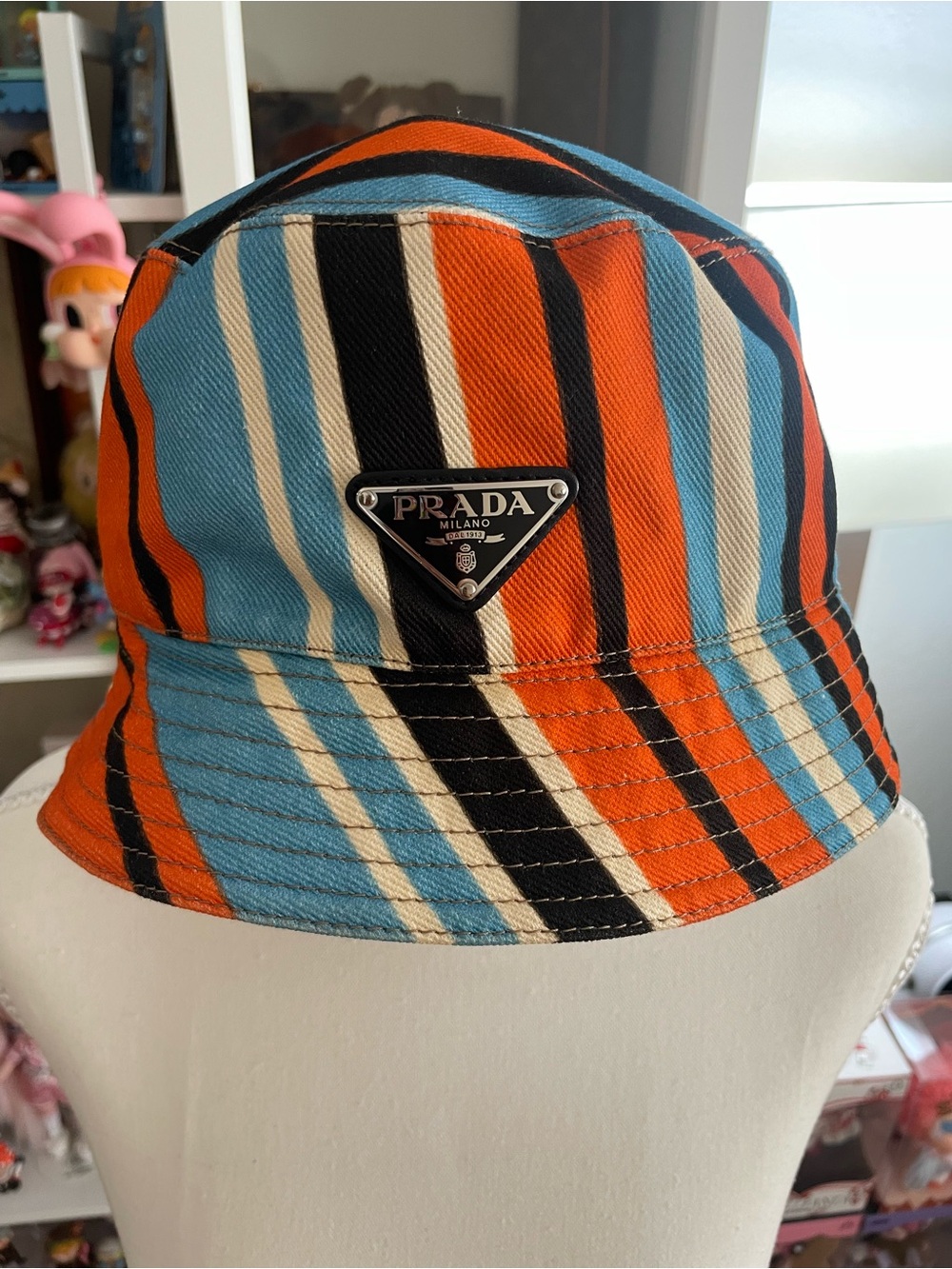 Prada Striped Canvas Bucket Hat Size M 58cm Made in Italy w/ Dust Bag Authentic